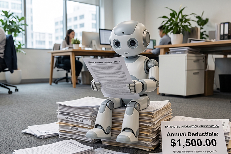 KI Chatbot für Versicherungsbedingungen analysiert Vertragsdokumente und zeigt präzise Antwort mit Quellenangabe