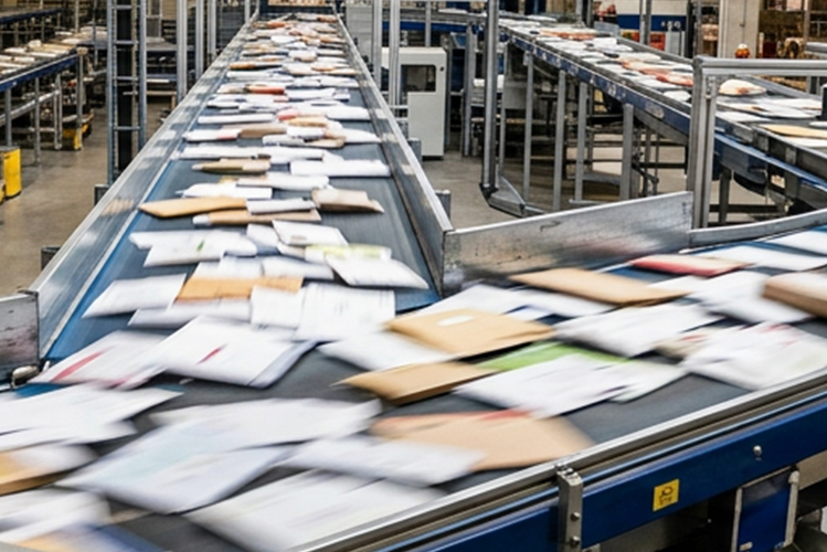 Briefe auf einem automatisierten Förderband als Sinnbild für die automatisierte Provisionsabrechnung eines Versicherers.
