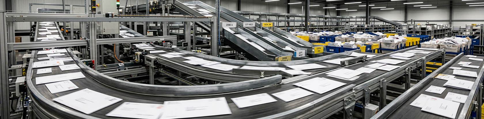 Automatisierte Sortieranlage als Symbol für die digitale Provisionsverarbeitung und Prozessautomatisierung im Partnergeschäft von Versicherern.