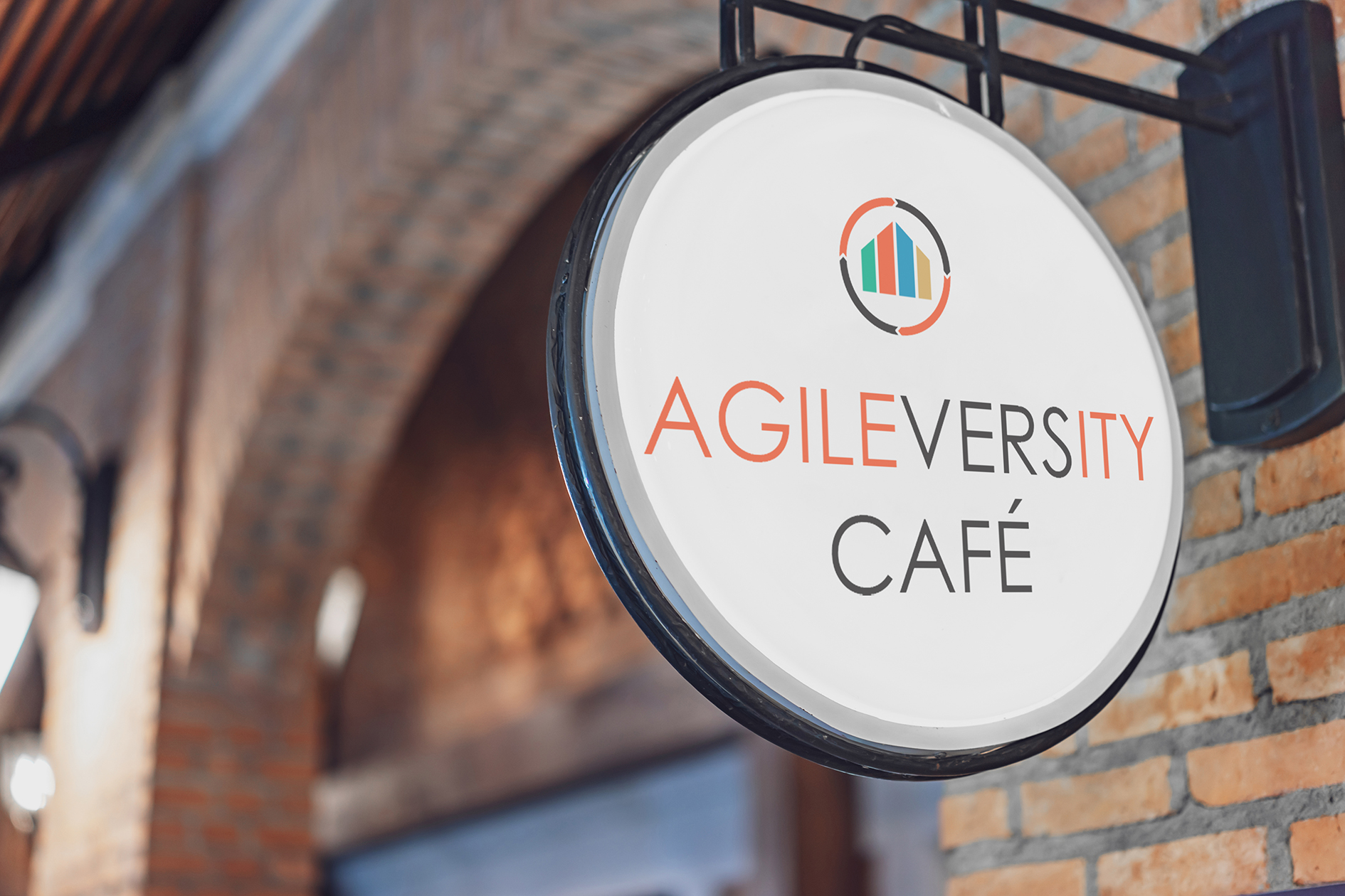 Das Logo des Agilversity Cafés auf einem Schild