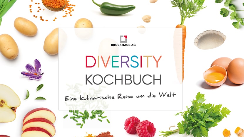 Das Titelbild des Diversity Kochbuchs der BROCKHAUS AG verspricht Vielfalt durch bunte Zutaten.