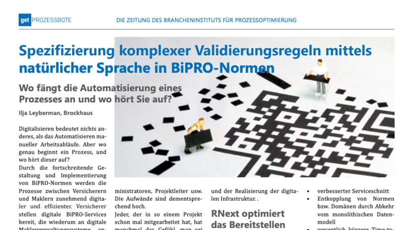 Das Bild zeigt das Cover des get Prozessboten. In blauen Lettern steht darauf "Klar, modern, BiPRO.net"
