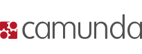 Das Logo von Camunda zeigt den Schriftzug Camunda in schwarzen Lettern und zwei rote Zahnräder die ineinander greifen